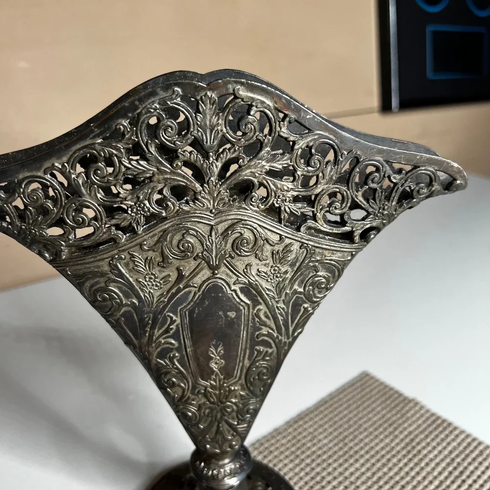 Vintage GSA 1991 Ornate Silver Tone Filigree Fan Shaped Pedestal Vase 9.5 Inch